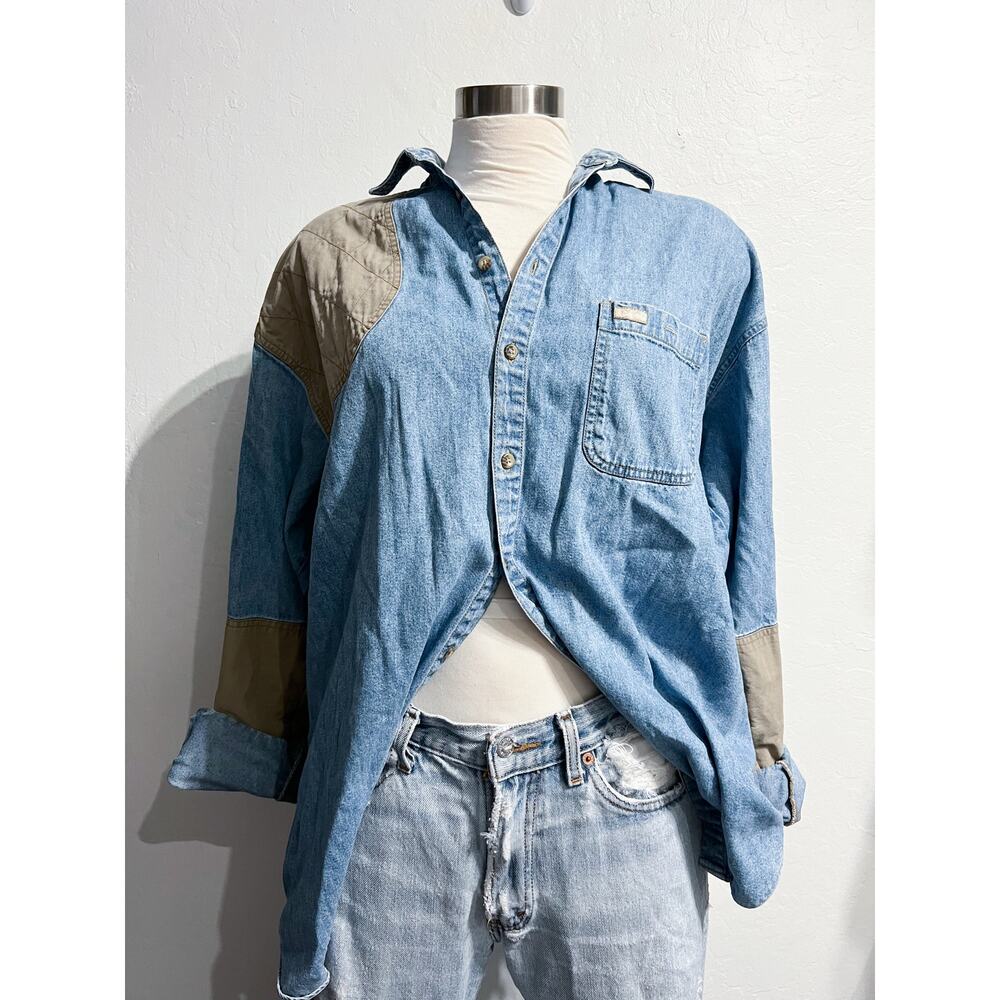 VINTAGE Columbia Shirt Men XL XXL Button Up Blue Denim Colorblock Patch Hunt 90s